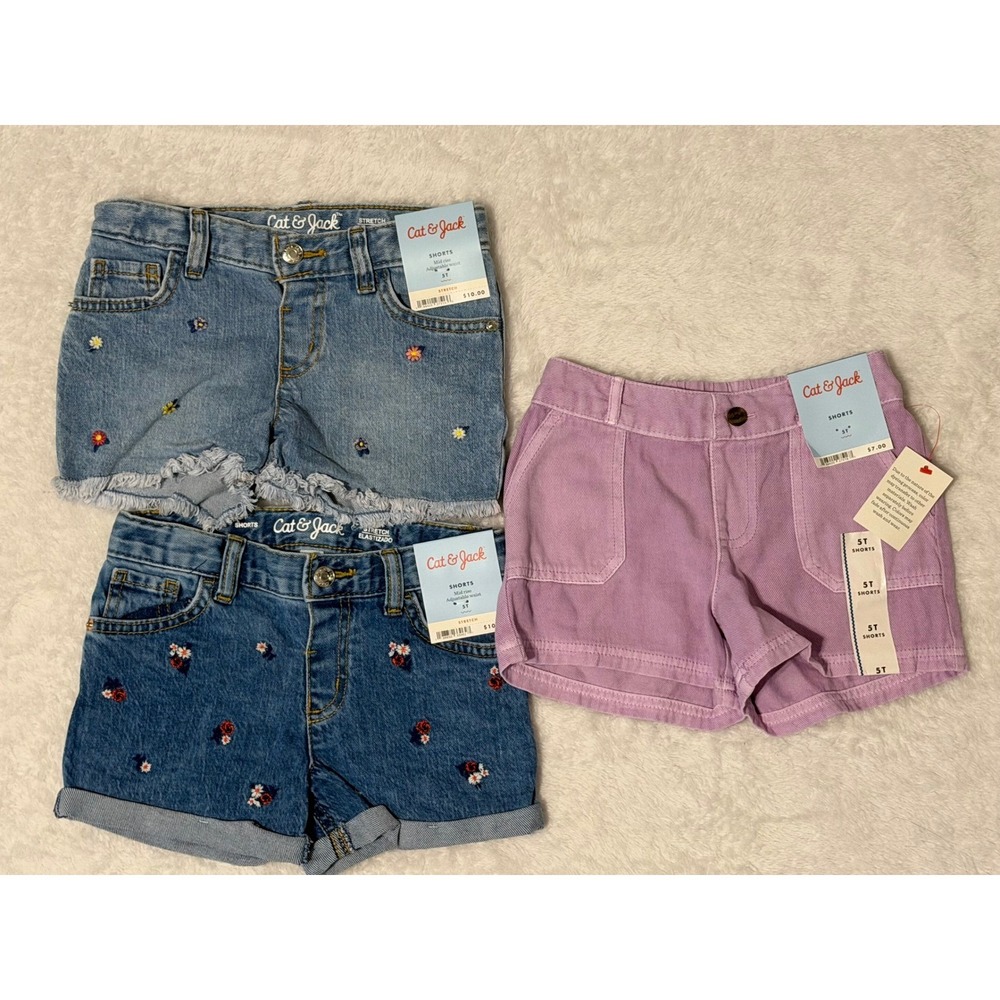 3pc Lot NWT 5T Toddler Girls' Shorts Cat & Jack Denim, Lavender Adjustable waist